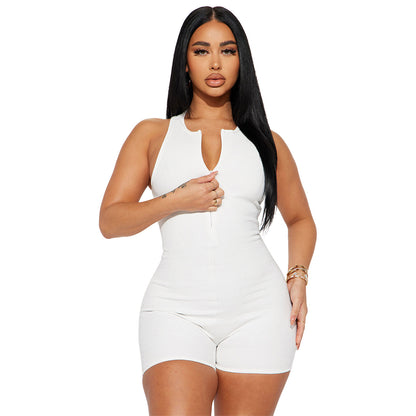 Women'S Fashion Casual Rib-Knit Sleeveless Sport Zipper Romper