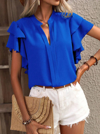Blusa informal de verano para mujer, color liso, con cuello en V y mangas de hoja de loto de doble capa