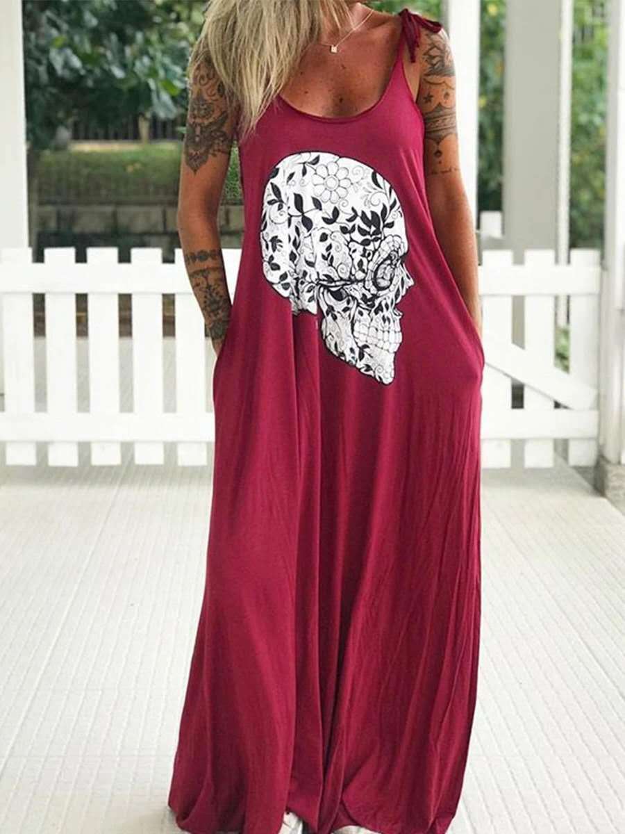 Women Casual Halloween Skull Print Loose Maxi Dress