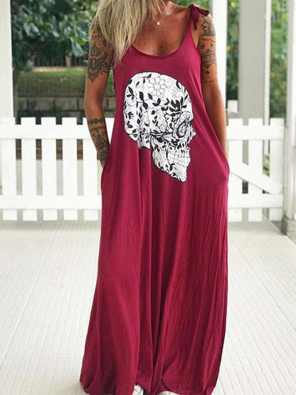 Women Casual Halloween Skull Print Loose Maxi Dress