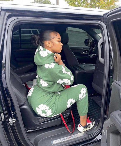 Women Fashion Casual Floral Printed Hooded Long-Sleeved Sweatshirt Pants Two-Piece Set