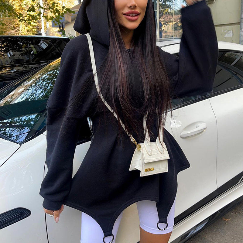 Fashion Women Casual Solid Color Loose Long-Sleeved Hooded Irregular Hemline Sweat Dress