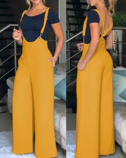 Women Fashion Casual Solid Color Loose Strap Pants