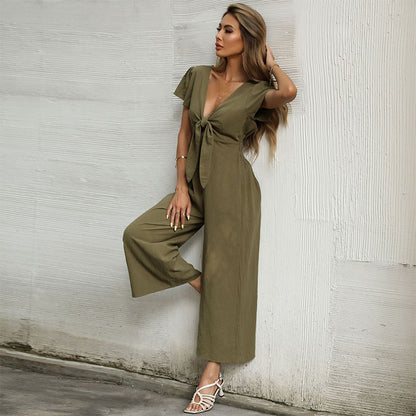 Women Summer Casual Solid Color Cotton Linen Wide-Leg Jumpsuit