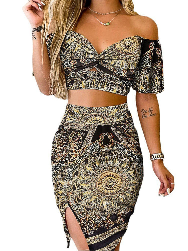 Conjunto de top corto de manga corta con hombros descubiertos y falda con abertura para mujer, estampado floral, informal, a la moda, para vacaciones