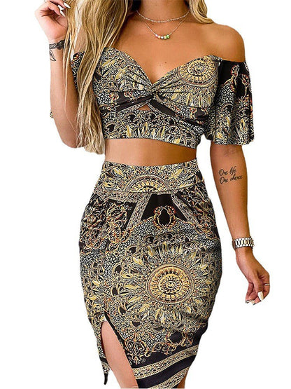 Conjunto de top corto de manga corta con hombros descubiertos y falda con abertura para mujer, estampado floral, informal, a la moda, para vacaciones