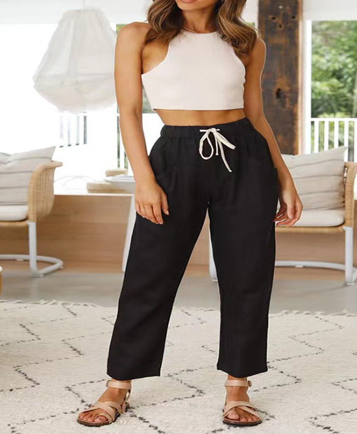 Women'S Loose Casual Lace-Up Cotton Linen Straight Pants