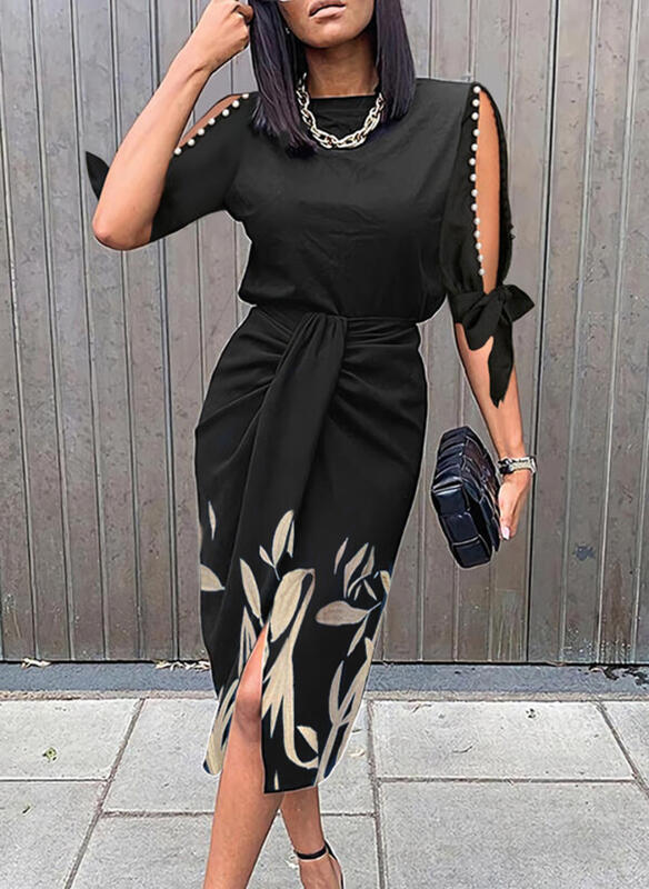 Vestido elegante de mujer con cintura alta, informal, con aberturas laterales y hombros descubiertos