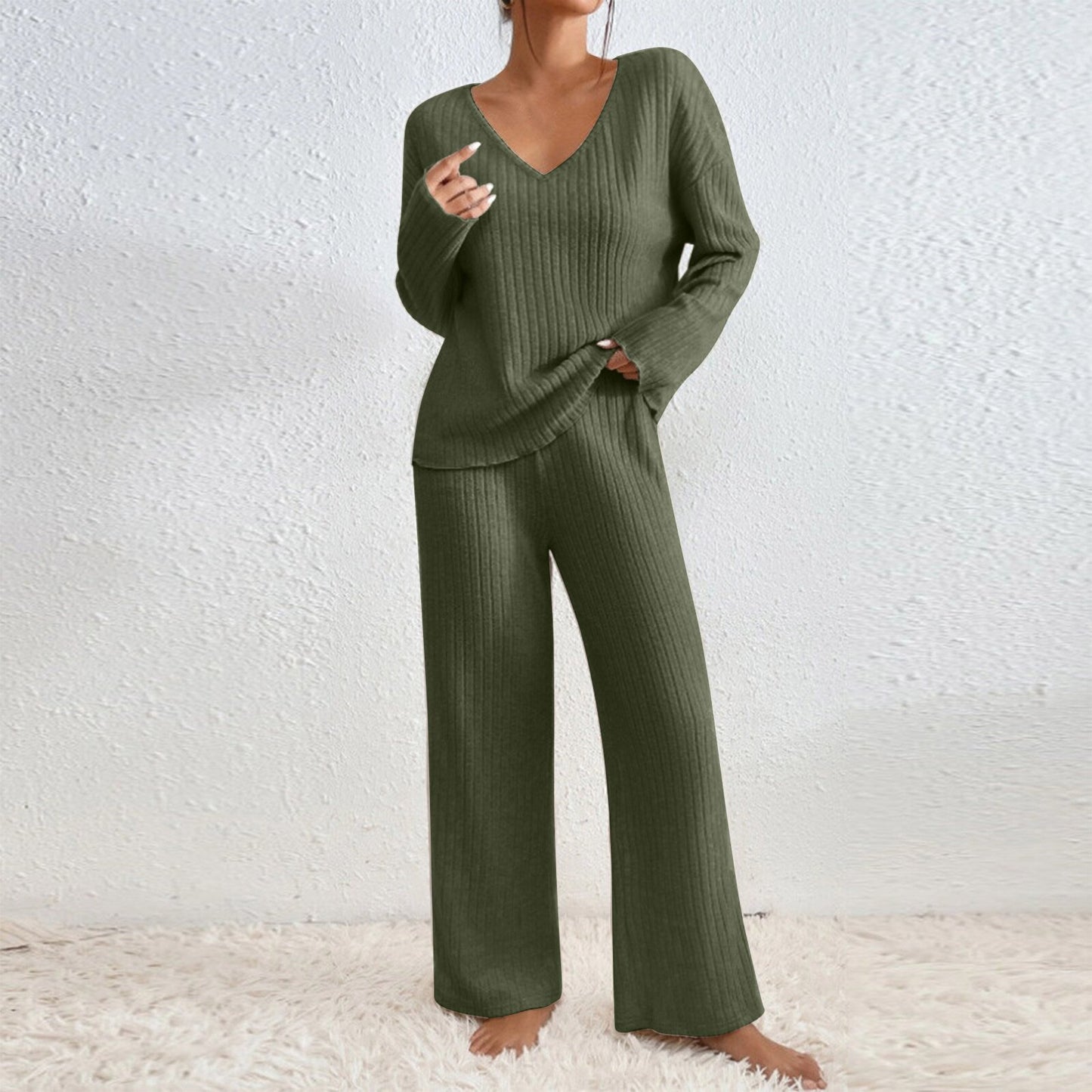 Conjunto informal de punto con cuello en V y manga larga de color liso para mujer