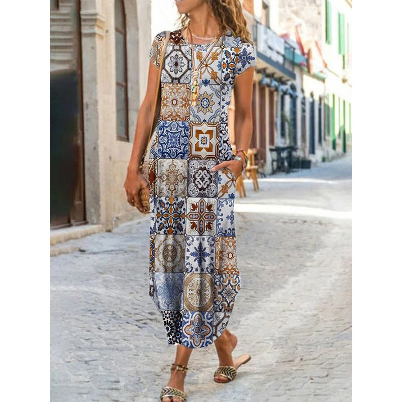 Vestido largo informal de manga corta con cuello redondo y estampado floral geométrico para mujer