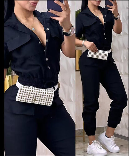 Summer Women Fashion Casual Solid Color Lapel Short Sleeve Defined Waist Jumpsuits