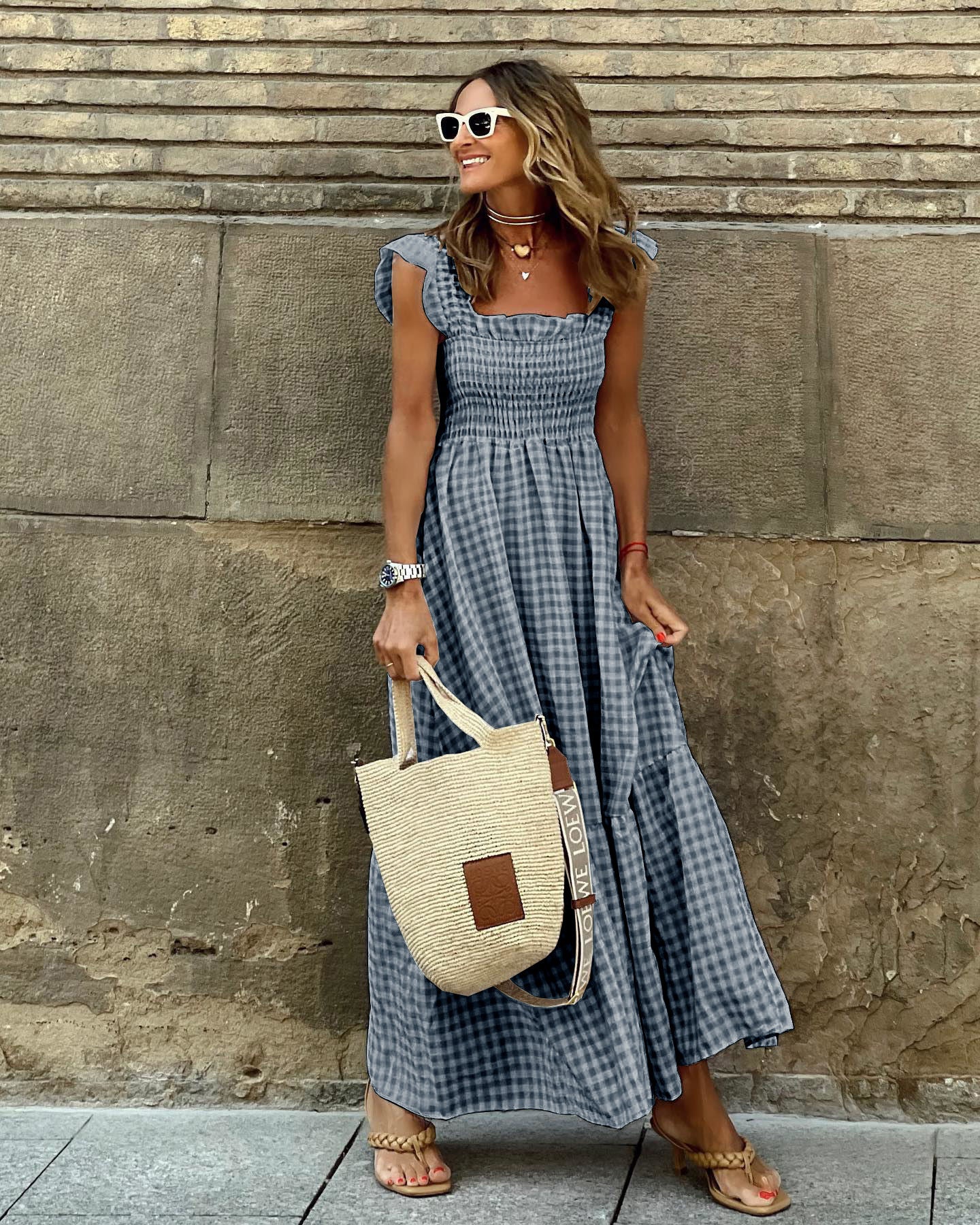 Vestido largo informal con cuello cuadrado y estampado a cuadros para mujer, sin mangas