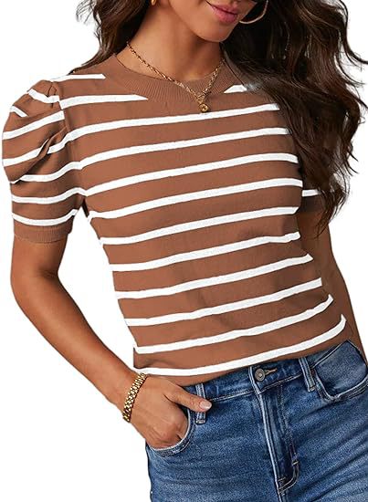 Camiseta informal de rayas con cuello redondo y mangas abullonadas para mujer