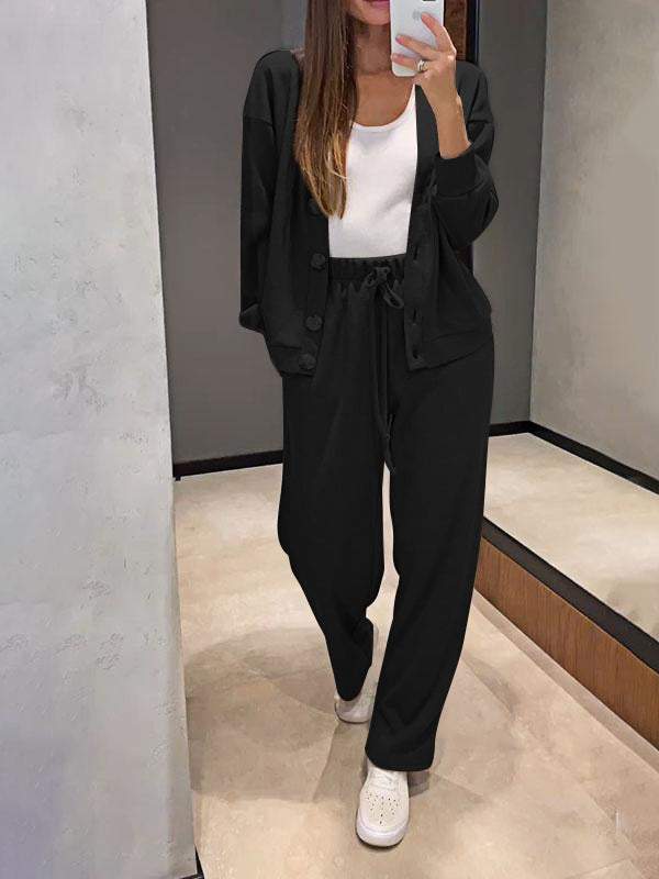 Conjunto de dos piezas formado por chaqueta, pantalón y cárdigan de manga larga, informal, color liso, para mujer