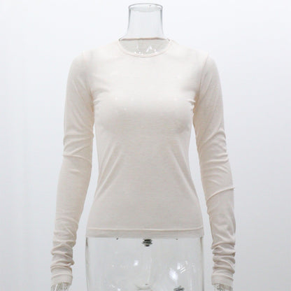 Camiseta informal de manga larga ajustada con cuello redondo y color liso para mujer