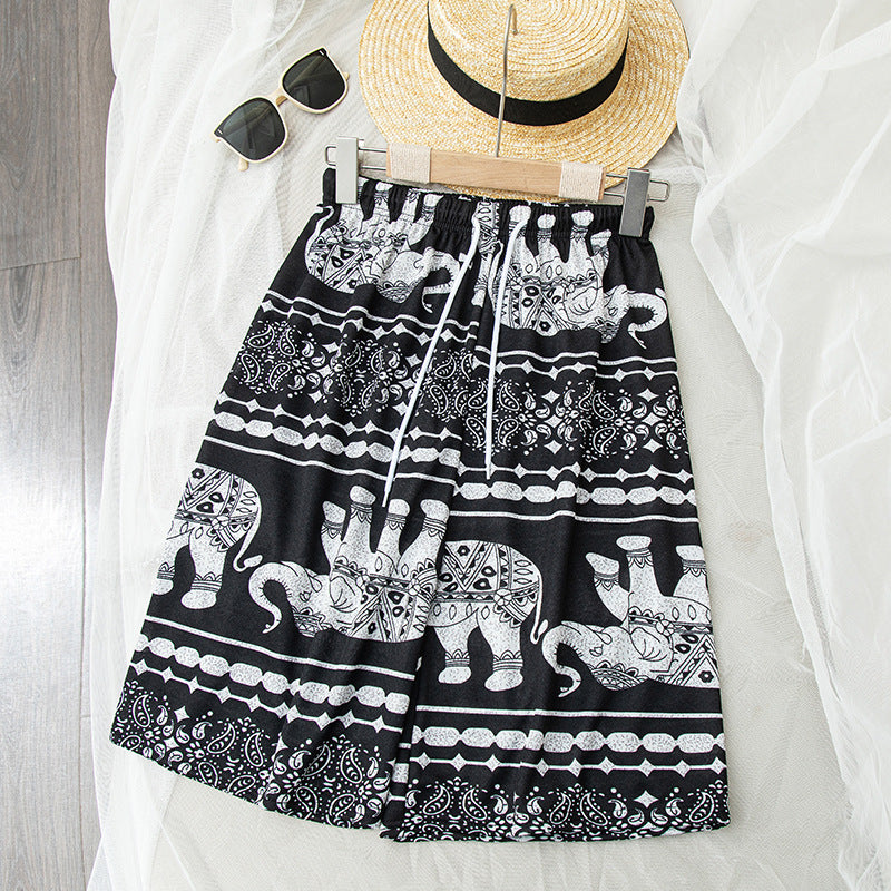 Women Retro Casual Elephant Print Loose Shorts