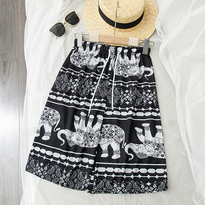 Women Retro Casual Elephant Print Loose Shorts