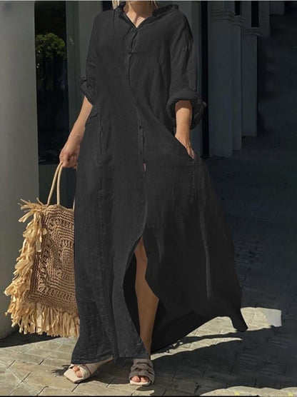 Women Fashion Casual Solid Color Cotton Linen Pocket Shirt Maxi Dress