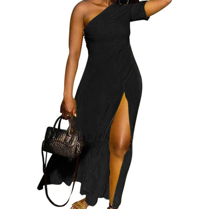 Casual Women One-Shoulder Solid Color Plus Size Side-slit Solid Maxi Dress