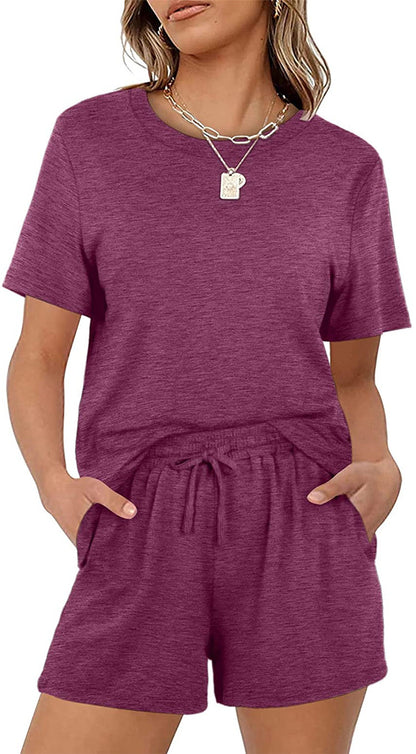 Women Casual Summer Basic Solid Color Short Sleeve T-Shirt Elastic Tie Pocket Shorts Set