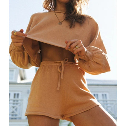 Women Casual Solid Color Knitted Long-Sleeve Sweater Drawstring Shorts Two-Piece Set