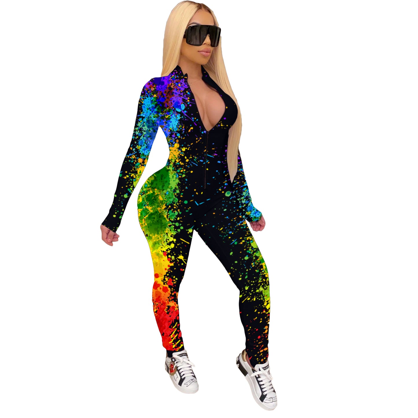 Mono ajustado informal con cuello en V y mangas largas con efecto tie-dye para mujer