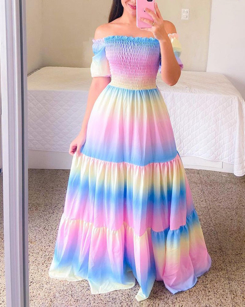 Summer Vacation Women Rainbow Color Floral Butterfly Large Swing Off Shoulder Casual Maxi Dress