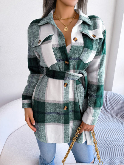 Autumn Winter Women Fashion Casual Color Block Plaid Long Sleeve Strap Thickened Woolen Jacket