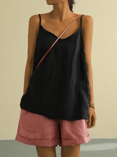 Camisola informal de lino y algodón de color liso para mujer