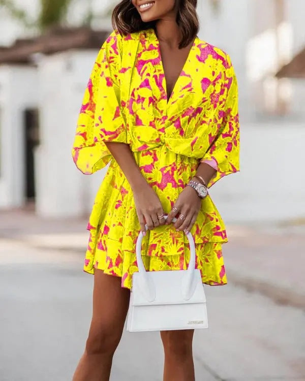Vestido informal con estampado geométrico y mangas murciélago y cuello en V para mujer