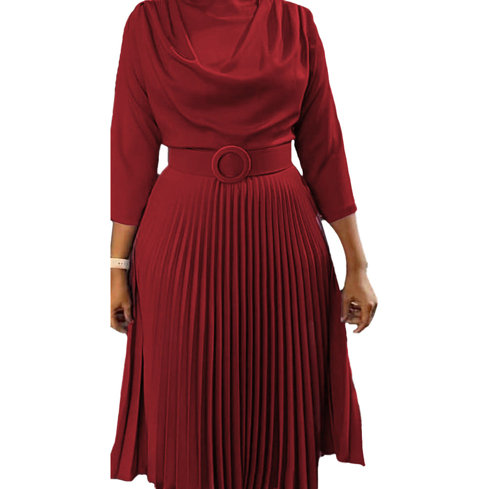 Vestido informal de manga larga plisado de color liso para mujer, talla grande