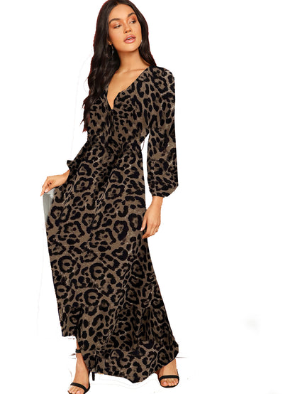 Long Sleeve Dress Women Vintage Boho Style V Neck Casual Maxi Dress