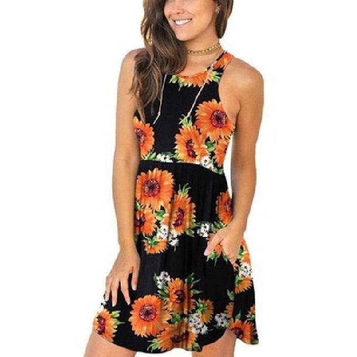 Summer Women Casual Floral Print Round Neck Sleeveless Pocket Dress