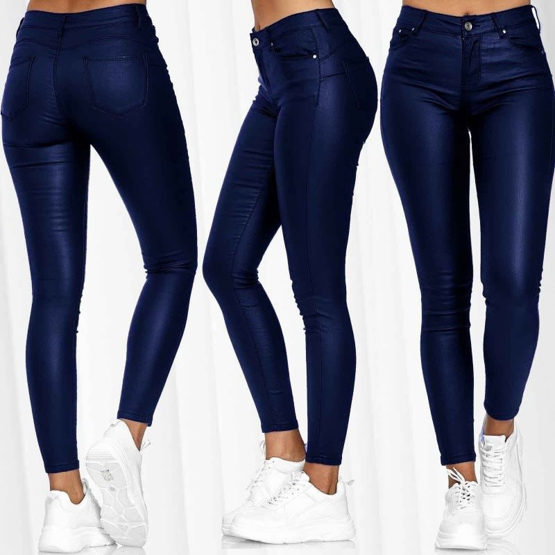 Pantalones casuales ajustados de cuero sintético de color sólido para mujer