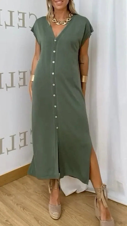 Women Casual Solid Color V-Neck Short Sleeve Single Breasted Split Dress