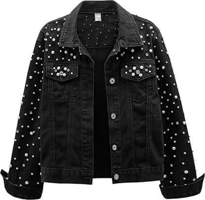 Chaqueta vaquera informal de manga larga con solapa y perlas y diamantes de imitación para mujer