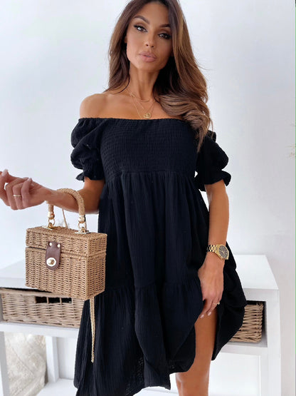 Summer Women Casual Vacation Off Shoulder Solid Color Ealstic Loose Dress
