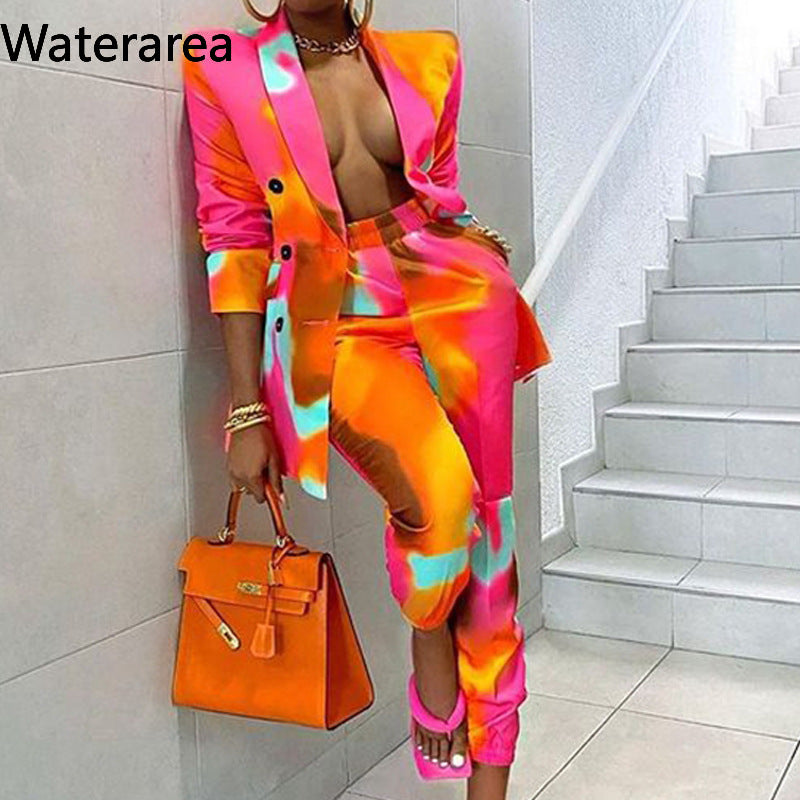 Women Orange Elegant Long Sleeves Tie-dye Office Blazer And Casual Pants Two Piece Set