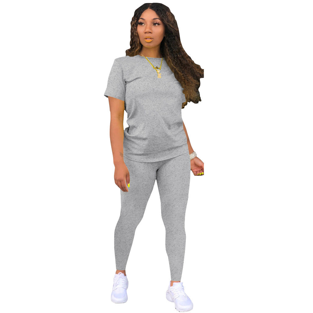 Conjunto de dos piezas de camiseta y pantalón de manga corta para mujer, informal, de color liso