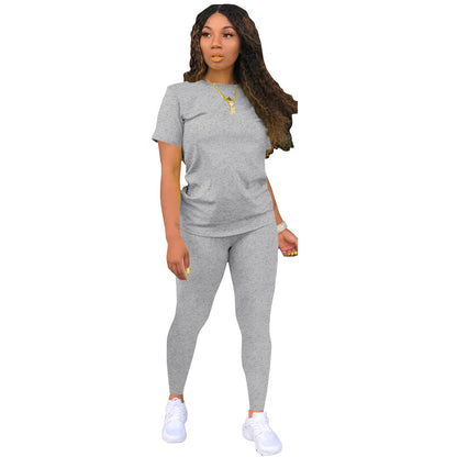 Conjunto de dos piezas de camiseta y pantalón de manga corta para mujer, informal, de color liso