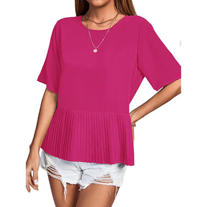 Blusa informal de mujer con cuello redondo, manga corta, dobladillo plisado y color liso