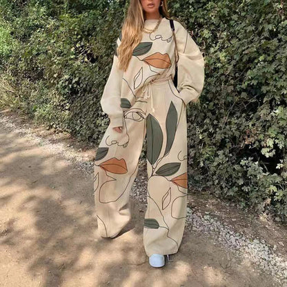 Conjunto de top y pantalón básico de manga larga con cuello redondo y estampado holgado para mujer