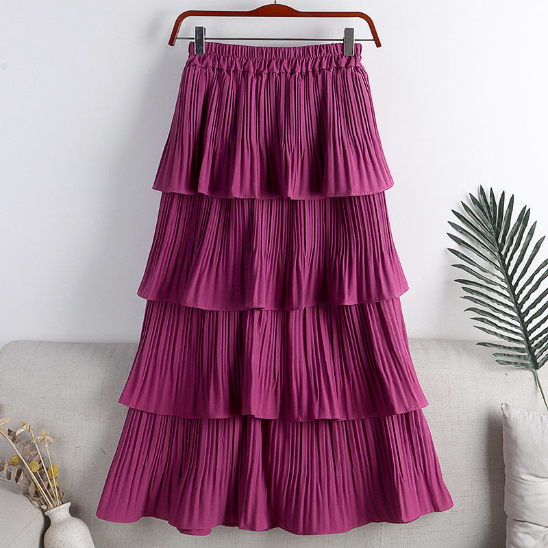 Women Fashion Casual Solid Color Ruffle Chiffon High Waist Skirt