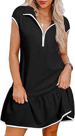 Women Fashion Casual Color Block Short Sleeve Zipper Dress