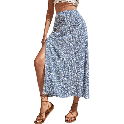 Women Fashion Casual Tiny Flower Printing Slit Skirt