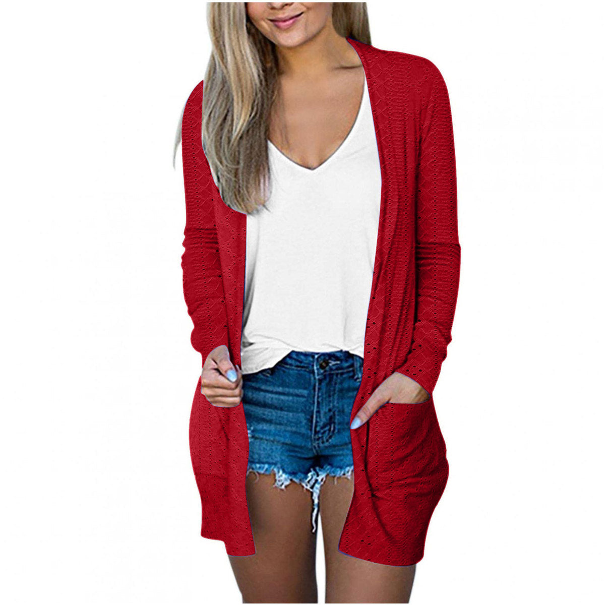 Abrigo informal holgado de manga larga con bolsillos en color liso para mujer