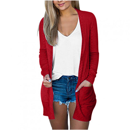 Abrigo informal holgado de manga larga con bolsillos en color liso para mujer