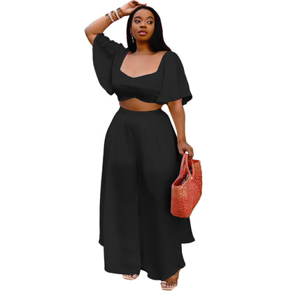 Conjunto de top corto de manga corta y pantalones anchos para mujer, elegante e informal, de color liso, con ropa interior