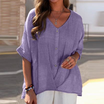 Blusas casuales de algodón y lino para mujer, color liso, con escote en V y botonadura sencilla