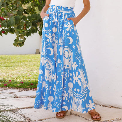 Women Casual Boho Floral Printed Wide Leg Loose Pants
